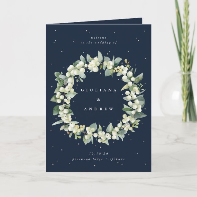 Elegante Navy Snowberry+Eucalyptus Winter Wedding Programm (Vorderseite)