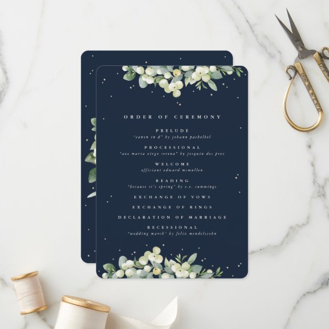 Elegante Navy Snowberry+Eucalyptus Winter Wedding Programm (Vorderseite/Rückseite Beispiel)