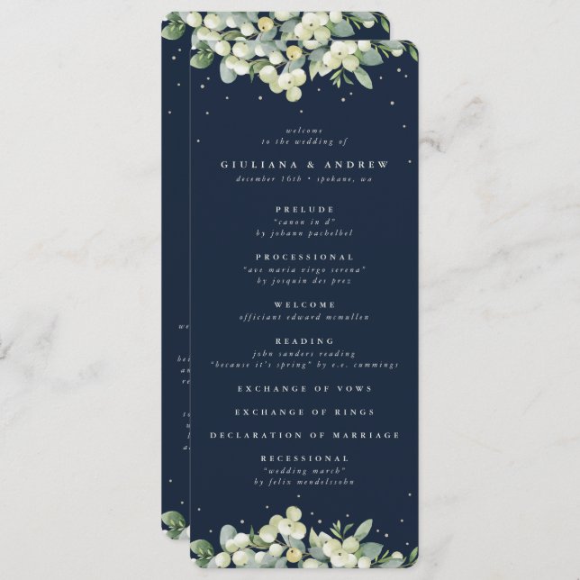 Elegante Navy Snowberry+Eucalyptus Winter Wedding Programm (Vorne/Hinten)