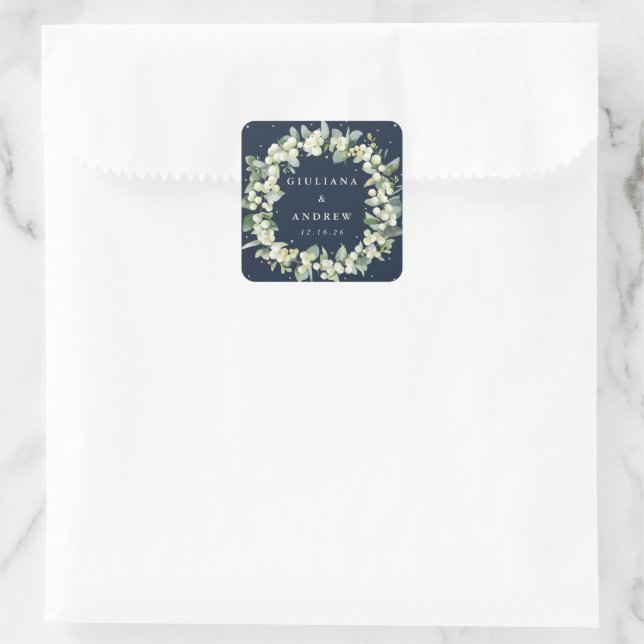 Elegante Navy Snowberry+Eucalyptus Wreath Wedding Quadratischer Aufkleber (Tasche)