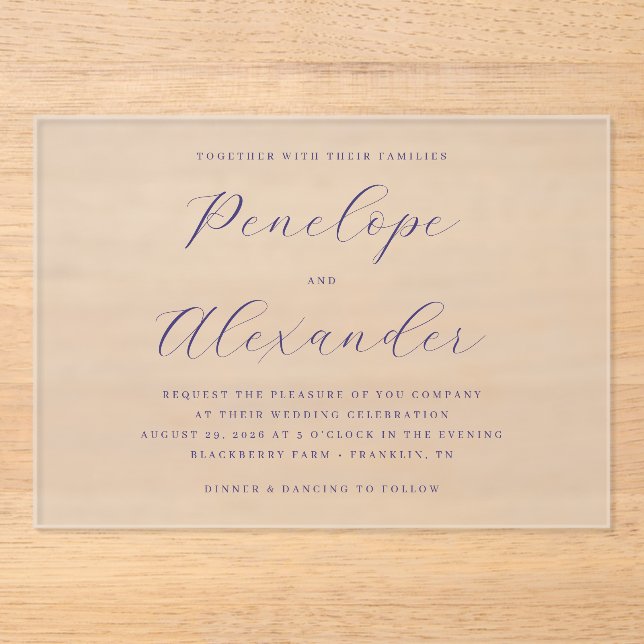 Elegante Navy-Typographie Acryleinladungen (Vorderseite)