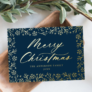 Elegante Navy- und Gold-Schneeflocke ohne Foto Folien Feiertagskarte