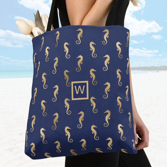 Elegante Navy- und Gold-Seepferde mit Initial (Von Creator hochgeladen)