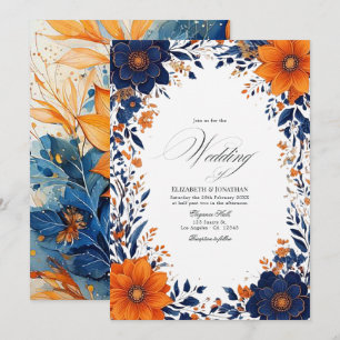 Elegante Navy- und Orange-Blumen-Aquarell-Hochzeit Einladung