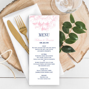 Elegante Navy- und rosa florale Pfingstrosen-Hochz Menükarte