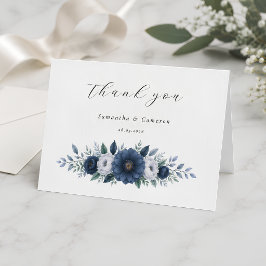 Elegante Navy- und staubblaue florale moderne Hoch Dankeskarte