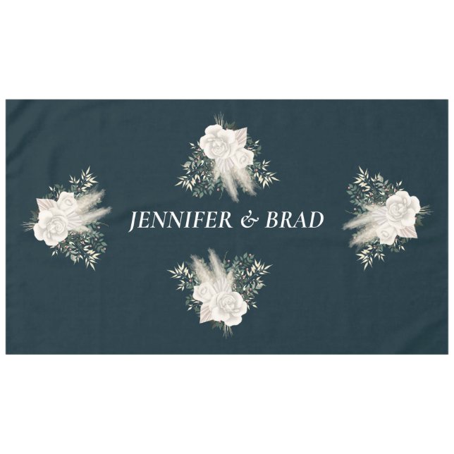Elegante Navy und Weiße Blume Hochzeitstablett Tischdecke (Vorderseite (Horizontal))