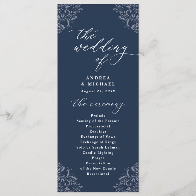 Elegante Navy Vintag Classic Hochzeitsprogramme Programm (Vorderseite)