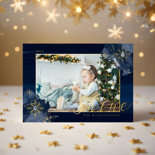 Elegante Navy-Wasserfarben-Tinte & Golden Jewel-Fo Folien Feiertagskarte