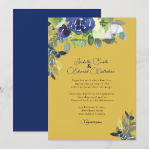 Elegante Navy Watercolor Floral Mustard Wedding Einladung