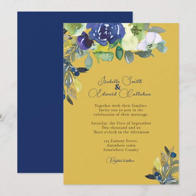 Elegante Navy Watercolor Floral Mustard Wedding Einladung (Vorne/Hinten)