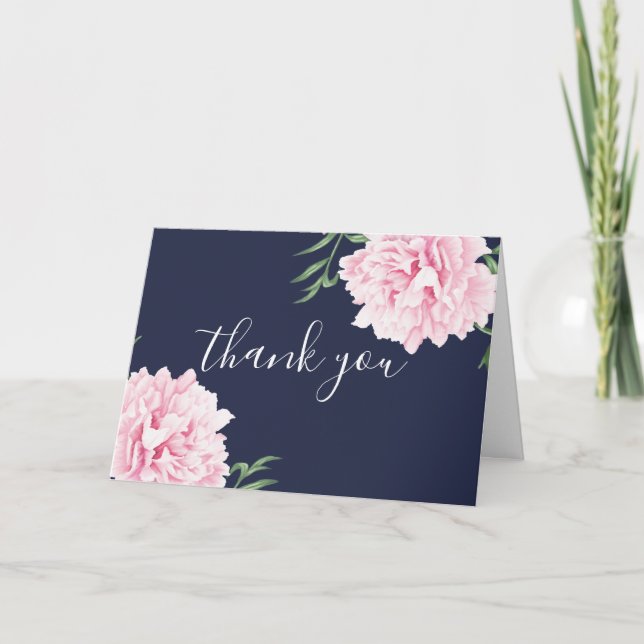 Elegante Navy Watercolor Pink Peony Dankeskarte (Vorderseite)