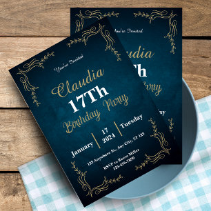 Elegante Navy & White 17. Geburtstagseinladungskar Einladung