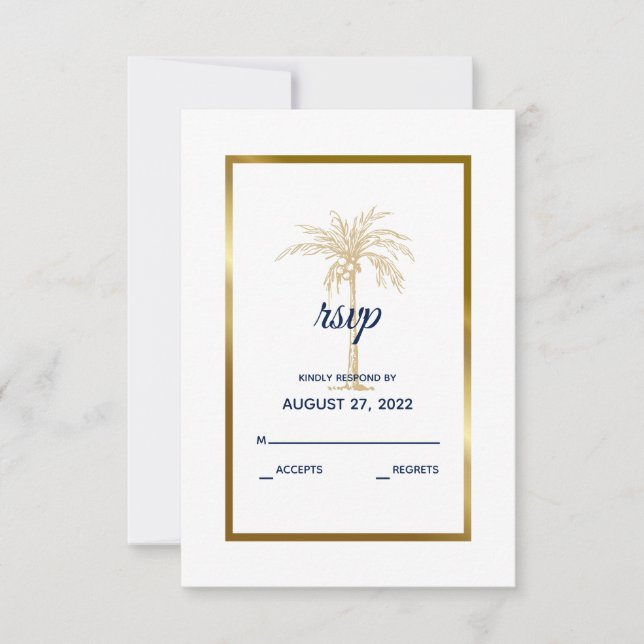 Elegante Navy White Palm Tree Moderne Hochzeit RSVP Karte (Vorderseite)