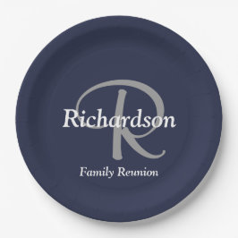 Elegante Navy White Silver Monogram Family Wieders Pappteller