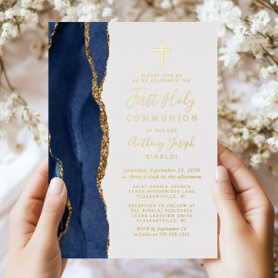 Elegante Navyblau-Gold-Achat-Erstkommunion Folieneinladung