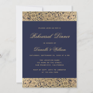 Elegante Navyblau Gold Wilde Rosen Probeessen Einladung