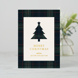 Elegante Navyblau- und Grünkarierte Weihnachten Folien Feiertagskarte