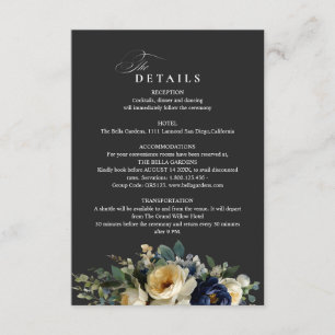 Elegante navyblaue Blumen-Hochzeitsdetails mit Pfi Begleitkarte