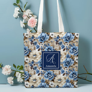 Elegante navyblaue Blumen personalisierte Tote