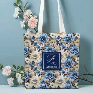 Elegante navyblaue Blumen personalisierte Tote