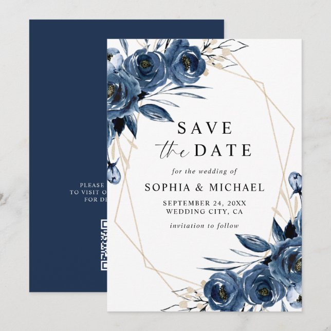 Elegante navyblaue Blumen & QR-Code-Hochzeit Save The Date (Vorne/Hinten)