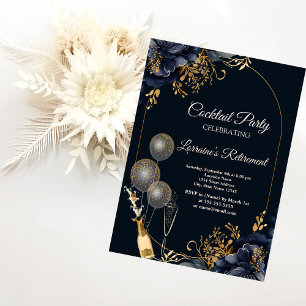 Elegante navyblaue Blumenballons,Weinrentenfeier Einladung