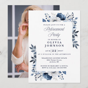 Elegante Navyblaue Floral-Ruhestandsfeier Foto Einladung