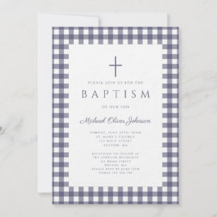 Elegante Navyblaue Gingham-Tauf-Einladung für Jung Einladung