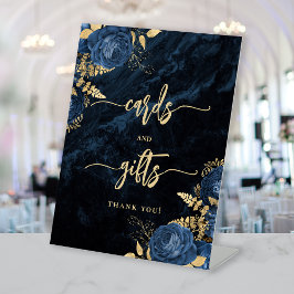 Elegante Navyblaue Goldene Blumen Hochzeitskarten Sockelschild