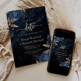 Elegante Navyblaue Goldene Blumige Hochzeit-Einlad Einladung