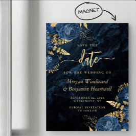 Elegante Navyblaue Goldene Florale Hochzeit - Merk Magneteinladung