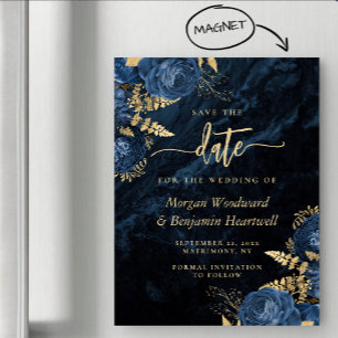 Elegante Navyblaue Goldene Florale Hochzeit - Merk Magneteinladung