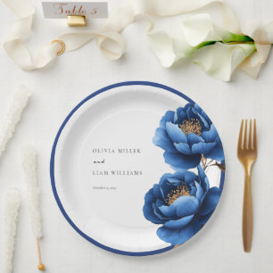 Elegante Navyblaue Goldene Florale Hochzeit Pappteller
