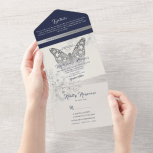 Elegante navyblaue Hochzeits-Einladung in einem All In One Einladung