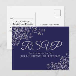 Elegante Navyblaue Hochzeits-RSVP mit Silberverzie Postkarte