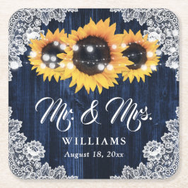 Elegante Navyblaue Holz-Lace-Sonnenblumen-Hochzeit Rechteckiger Pappuntersetzer
