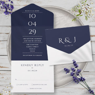 Elegante navyblaue Monogramm-Minimalismus-Hochzeit All In One Einladung