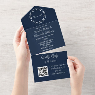 Elegante Navyblaue Schrift Moderne RSVP QR-Code-Ei All In One Einladung