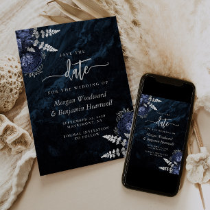 Elegante Navyblaue Silberne Florale Hochzeit - Mer Einladung