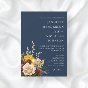 Elegante Navyblaue Sonnenblumen-Blumenhochzeit Einladung