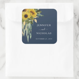 Elegante Navyblaue Sonnenblumen Hochzeit Quadratischer Aufkleber
