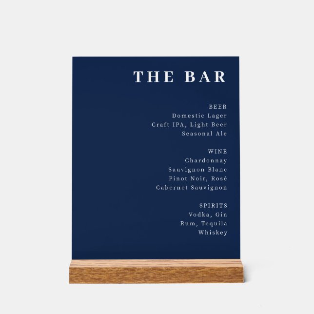Elegante Navyblaue typografische Bar-Speisekarte Acrylschild (Vorderseite)