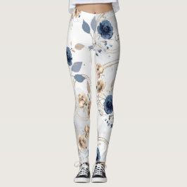 Elegante navyblaue und beige florale Wasserfarben- Leggings