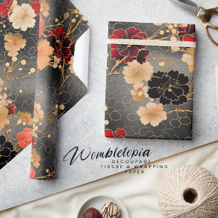 Elegante Nelke   Rot & Gold Florals auf Grau Geschenkpapier