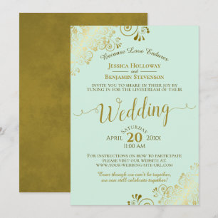 Elegante Neo Mint Green & Gold Wedding Livestream Einladung
