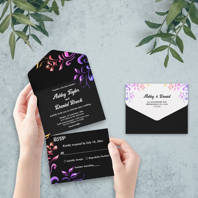 Elegante Neon Lights Rose Schwarze Flora Hochzeit All In One Einladung (Von Creator hochgeladen)