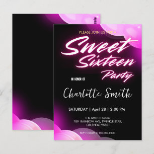 Elegante neon-pinkfarbene Retro-Schwarz Sweet 16.  Postkarte
