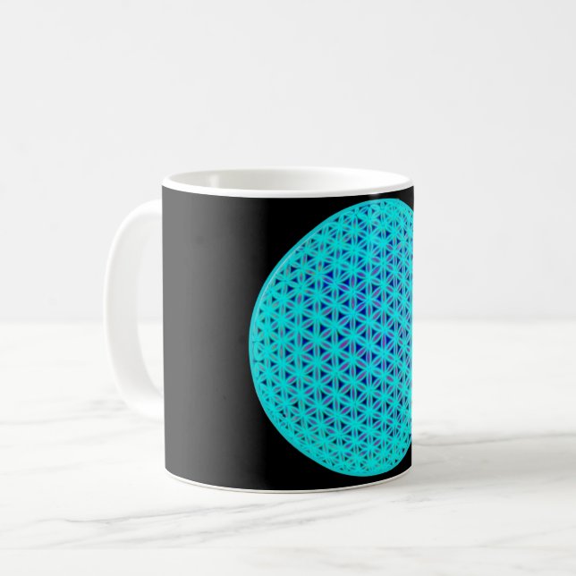 Elegante neonblaue aquamarine Blume des Lebens Kaffeetasse (Vorderseite Links)