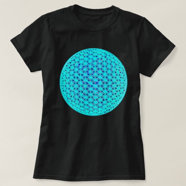 Elegante neonblaue aquamarine Blume des Lebens T-Shirt (Design vorne)